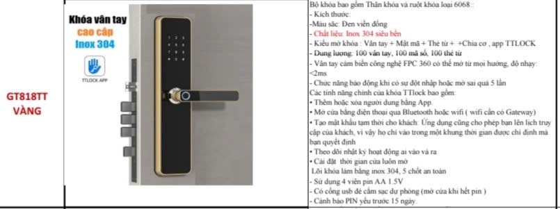 Khóa cửa vân tay inox mạ vàng cao cấp sang trọng Khóa cửa vân tay inox mạ vàng cao cấp sang trọng