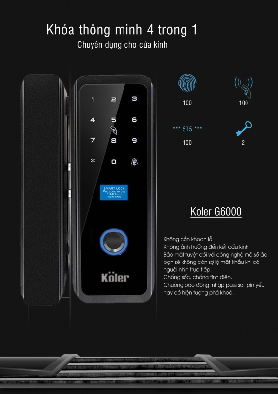 KHÓA VÂN TAY CỬA KÍNH CƯỜNG LỰC G6000 KHÓA THÔNG MINH KOLER KHÓA VÂN TAY CỬA KÍNH CƯỜNG LỰC G6000 KHÓA THÔNG MINH KOLER